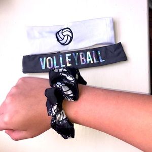 Two volleyball headbands and a volleyball scrunchi